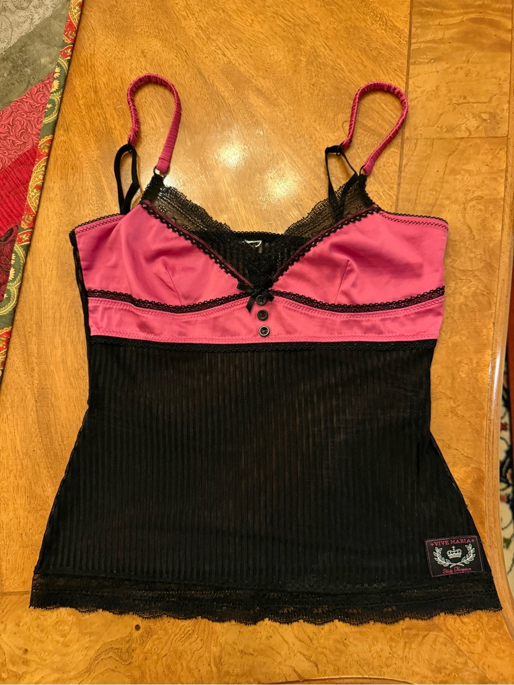 Vive Maria Pink and black tank top with lace trim and button detail. Sz S.